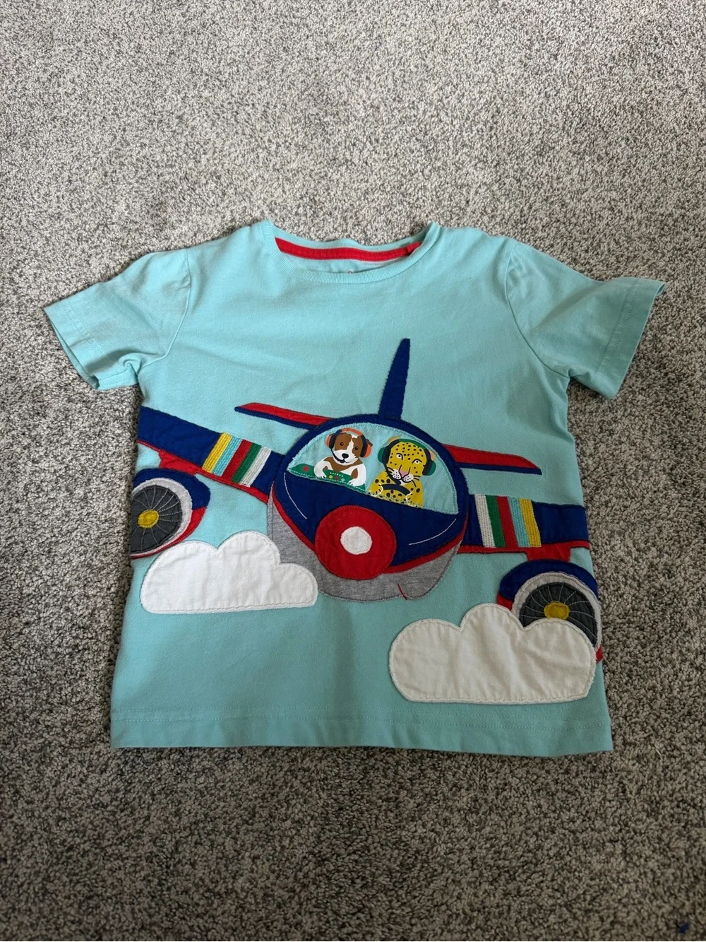 Mini Boden Light Blue Kids Plane Graphic Tee with Friendly Characters